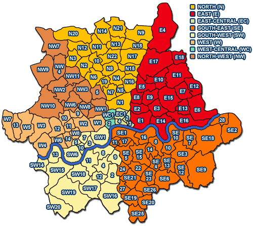 London Map for Bed and Breakfast UK with Postcodes